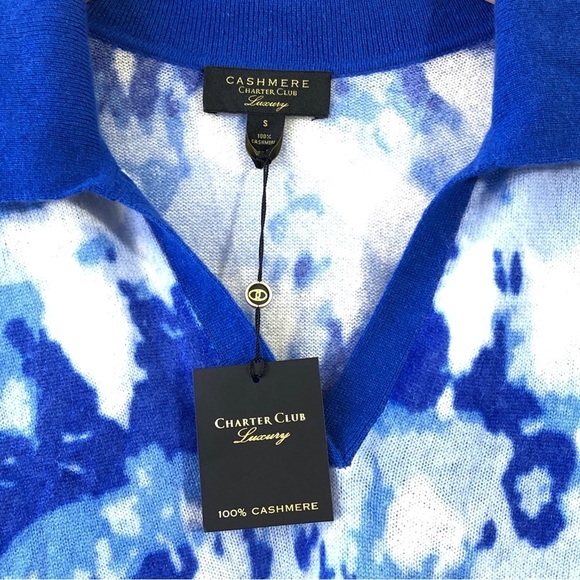 Charter Club Luxury Blue Cashmere Long Sleeve Polo Collared V Neck Sweater Top S - Picture 3 of 7